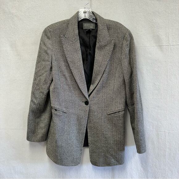 Lafayette 148 black/cream herringbone wool stretch one button blazer size 8 - Picture 2 of 14